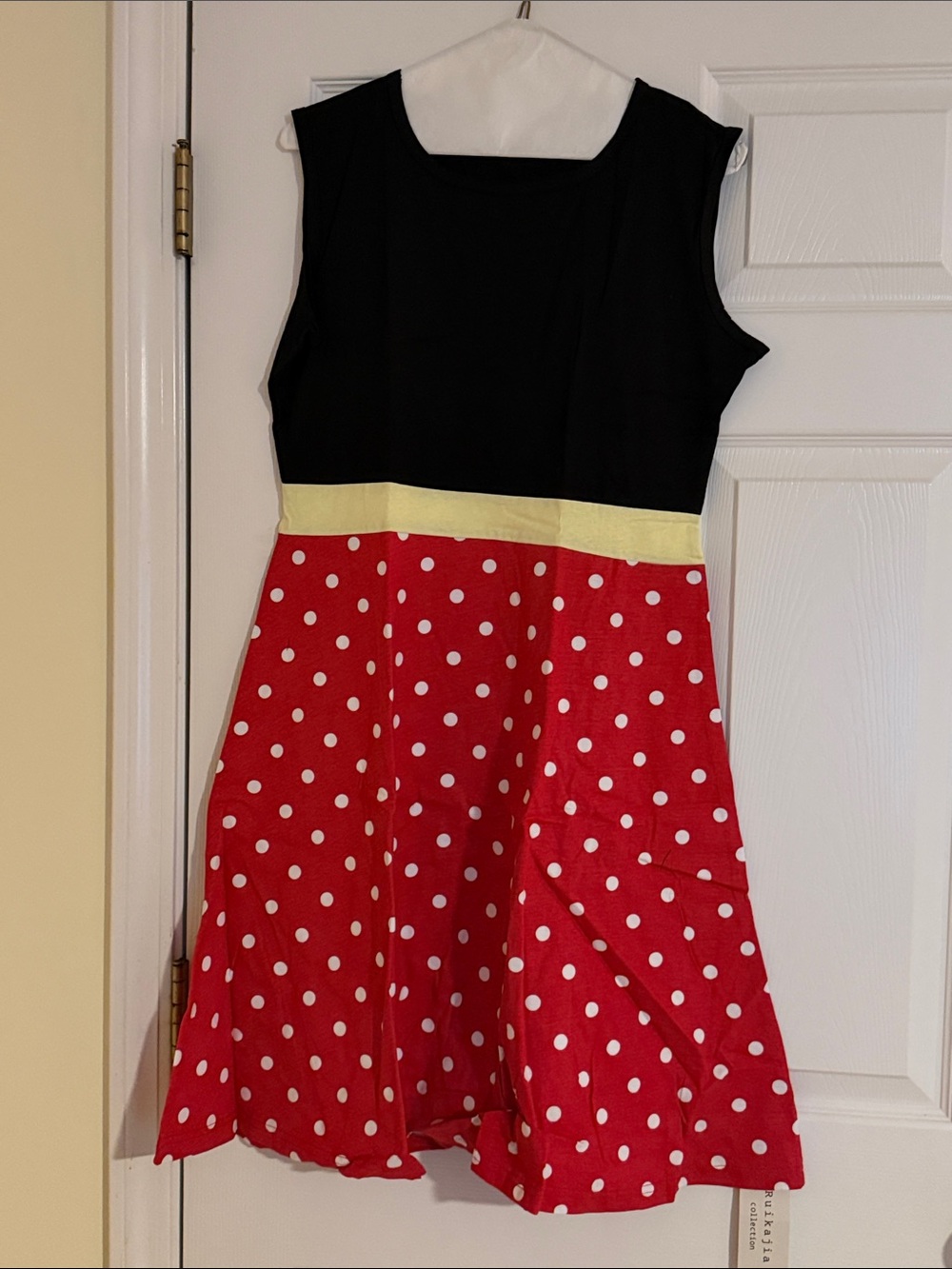 NWT- Ladies XLMickey Mouse Black Top Red Polka Dot Dress with Yellow Waistband.